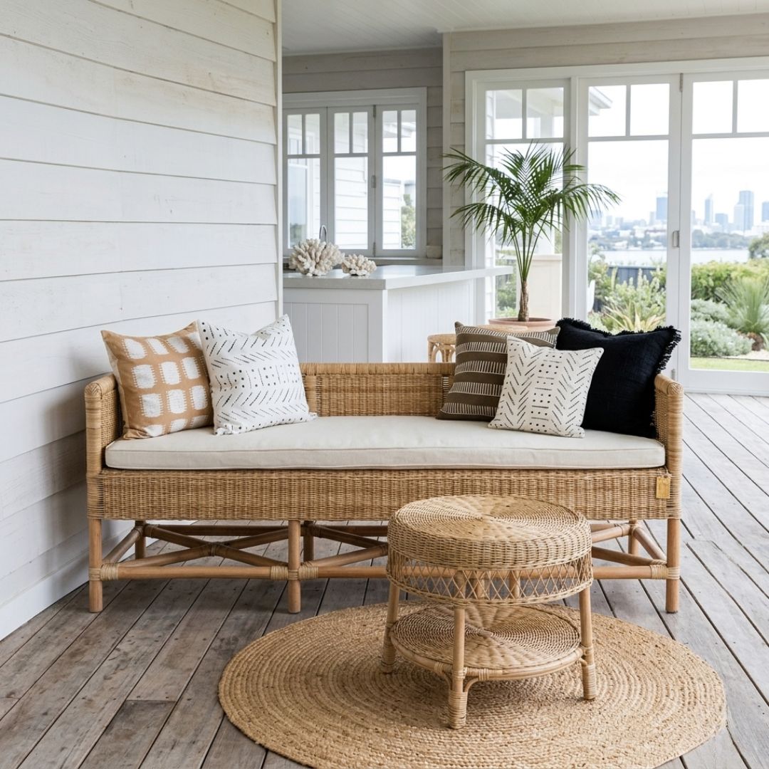 Wicker daybed with cushions on a wooden deck with a view of a city skyline.