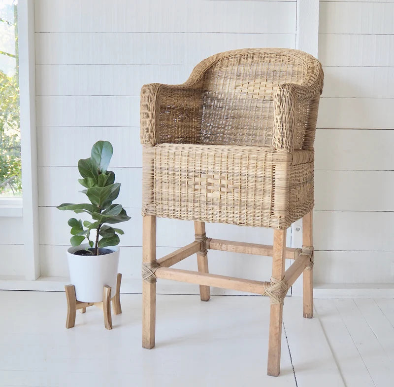 Wicker bar stool with a plant on a white floor and wall background