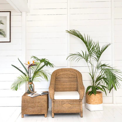 Wicker armchair with a small table and plants against a white wooden wall.