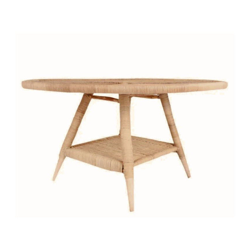 Cane side table with a shelf on a white background