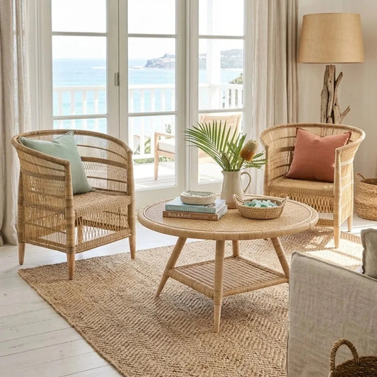 Nautical-themed living room with wicker furniture and coastal decor.