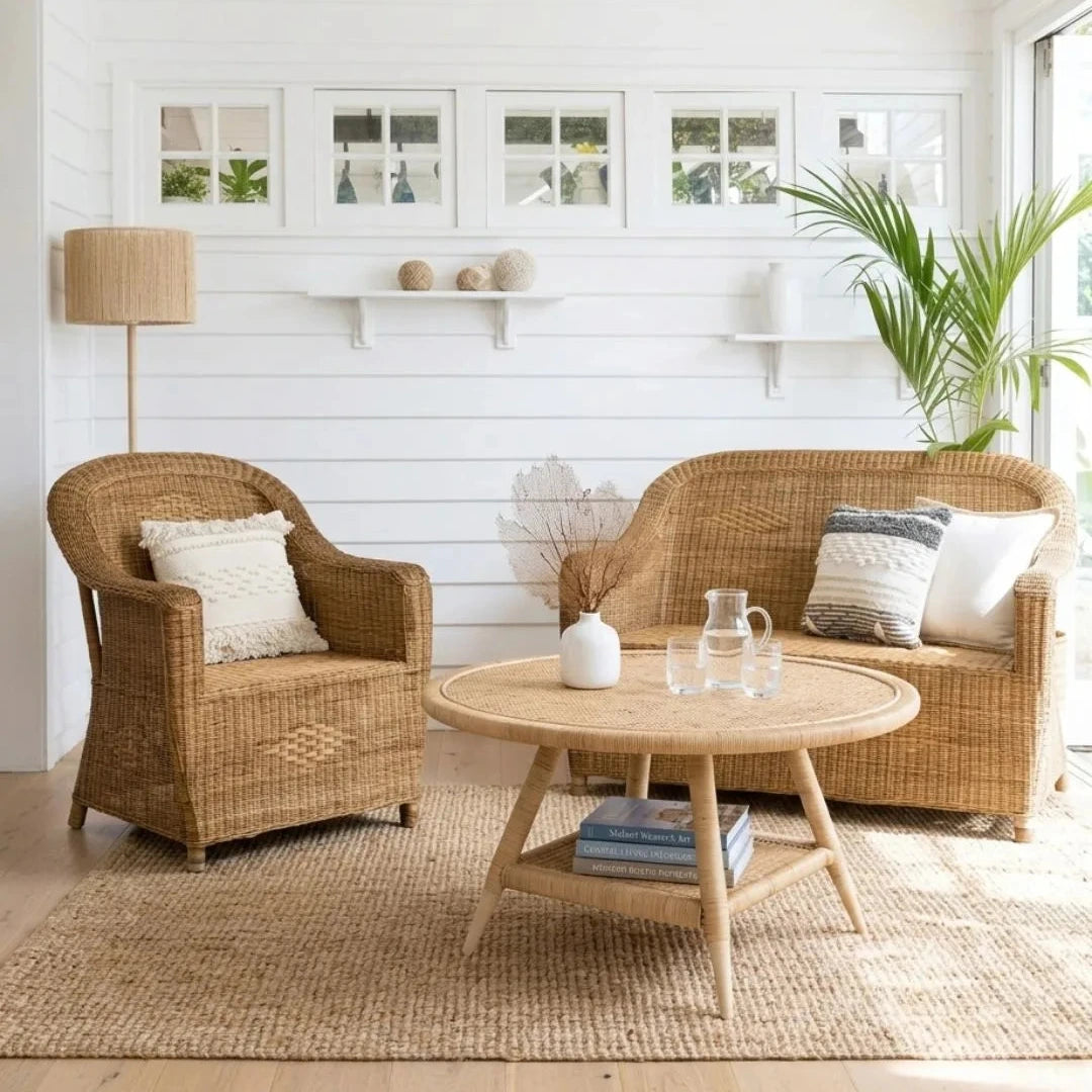 Wicker furniture set in a bright living room with white walls and large windows.