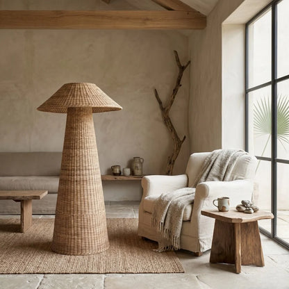 Malawi woven Cane Floor Lamp in a livingroom setting.