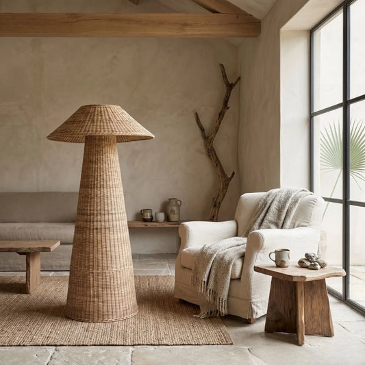 Malawi woven Cane Floor Lamp in a livingroom setting.