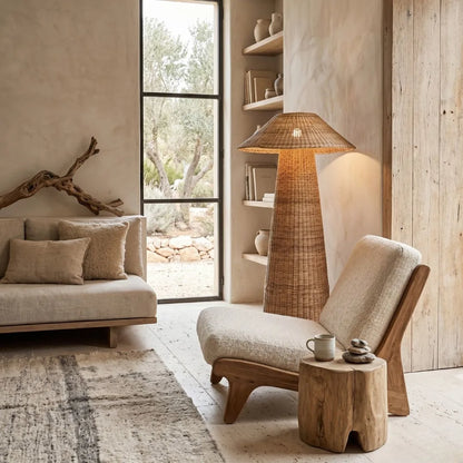 Malawi woven Cane Floor Lamp in a loungeroom setting.