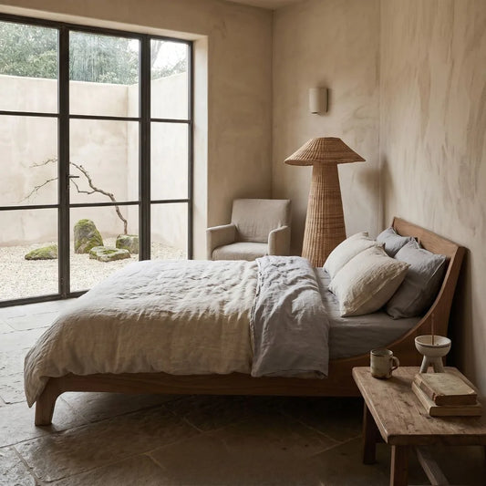 Malawi woven Cane Floor Lamp in a bedroom setting.