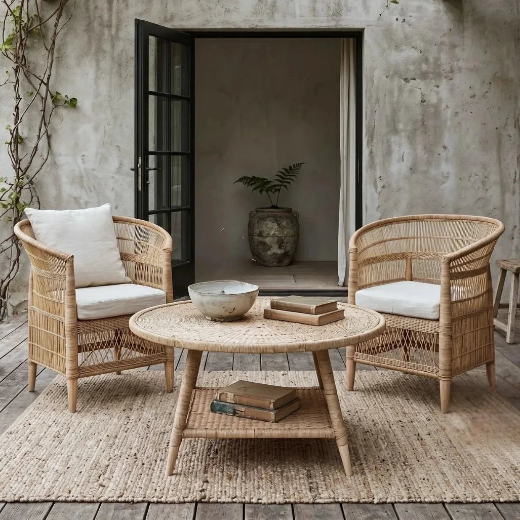 Wicker chairs and table set on a patio with concrete wall and open door in the background