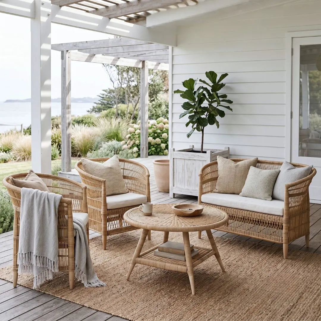 Outdoor patio with wicker furniture, table, and cushions on a wooden deck.