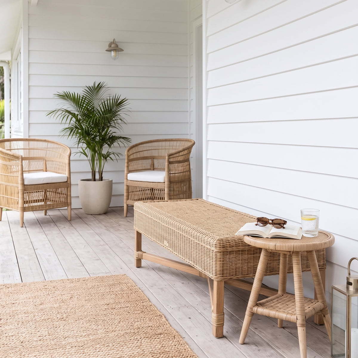 A styled outdoor patio scene with natural wicker furniture, including a bench, two armchairs with white cushions, a small side table, and a potted palm plant against a white shiplap wall.