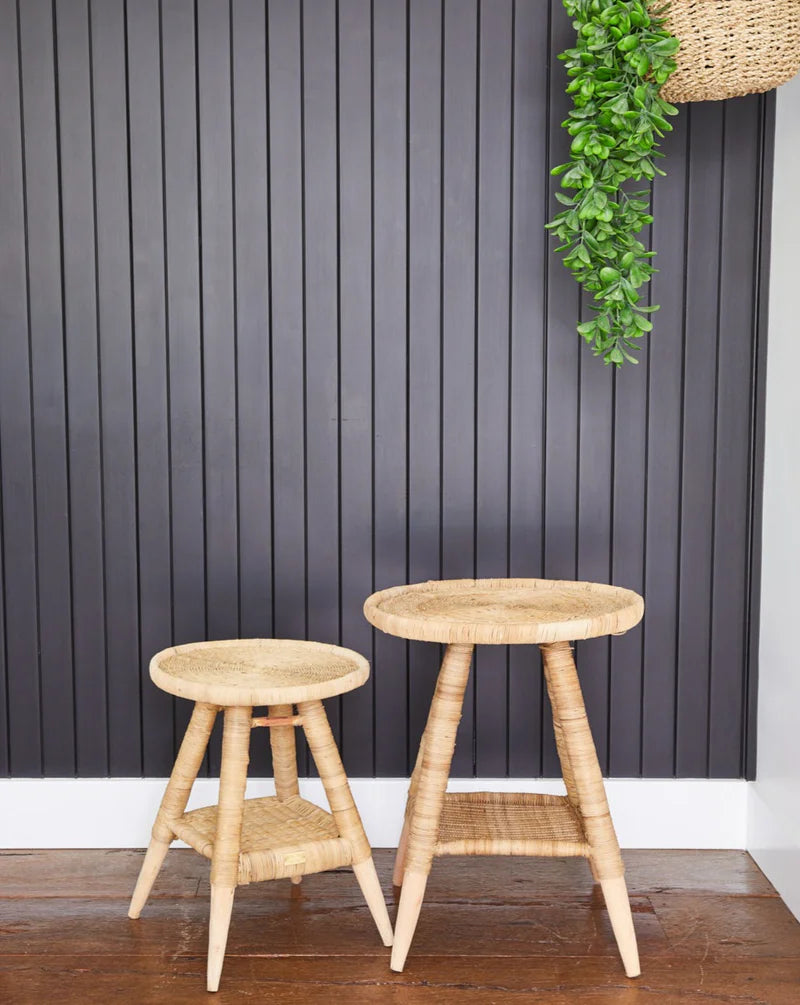 Two cane side tables against a dark paneled wall with a plant.