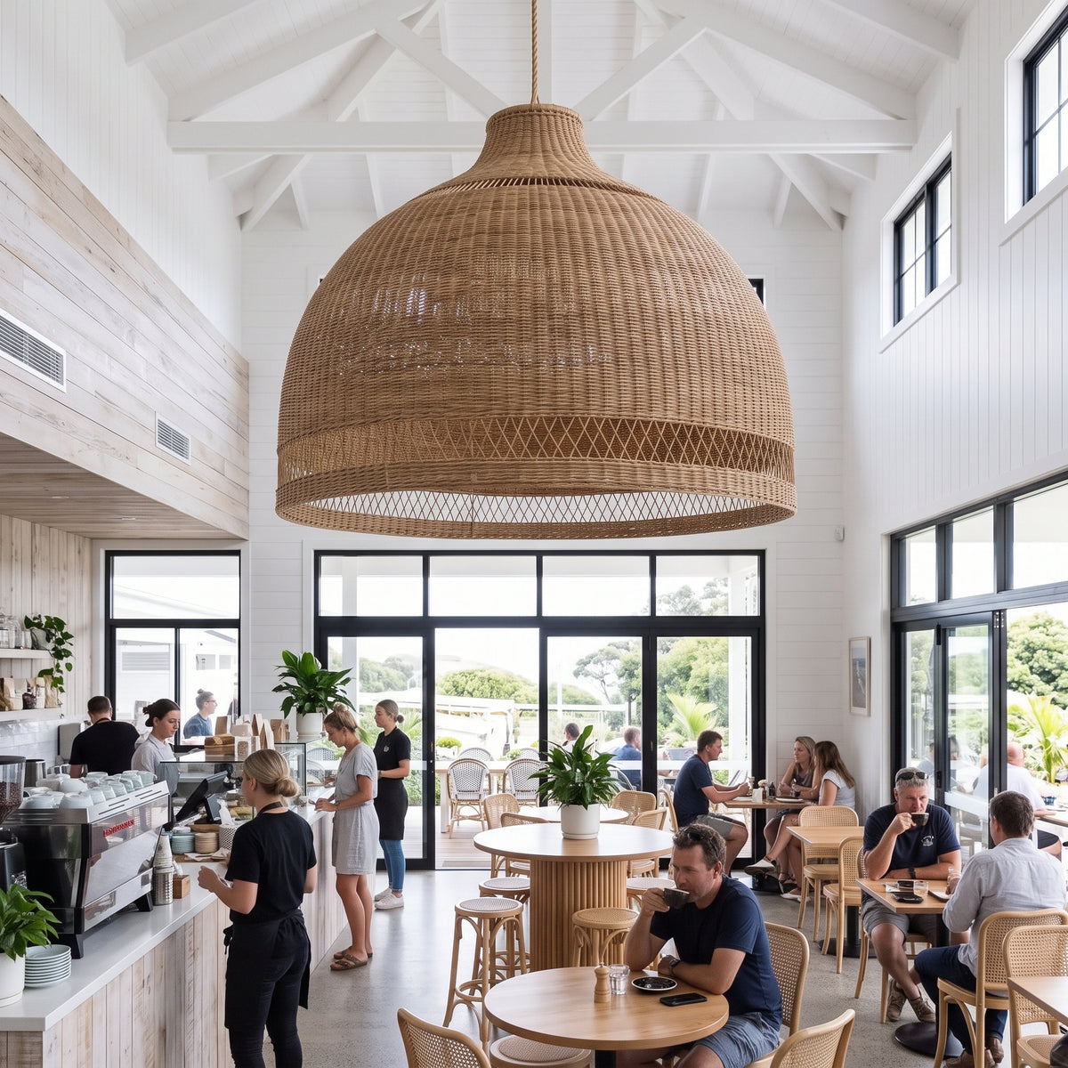 A large woven dome pendant light hangs in a bright, modern cafe with high ceilings, wood tables, and patrons seated inside.