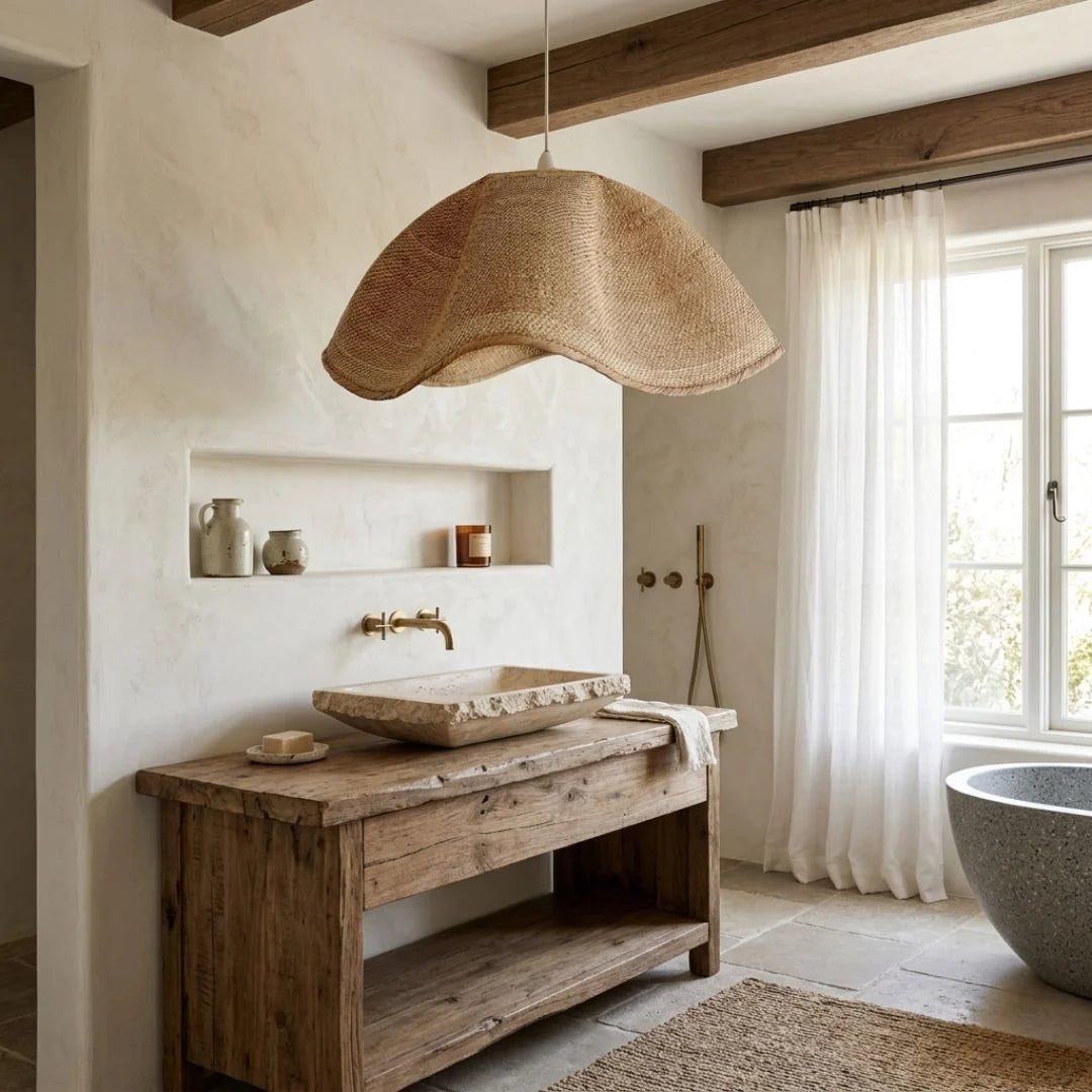 Bathroom with wooden vanity, stone sink, and large woven pendant light.