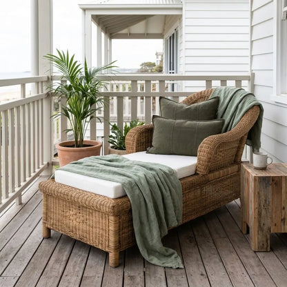 Wicker chair with green blanket and cushions on a wooden deck