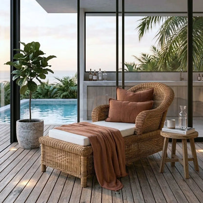 Wicker chair with cushions and a blanket on a wooden deck by a poolside.