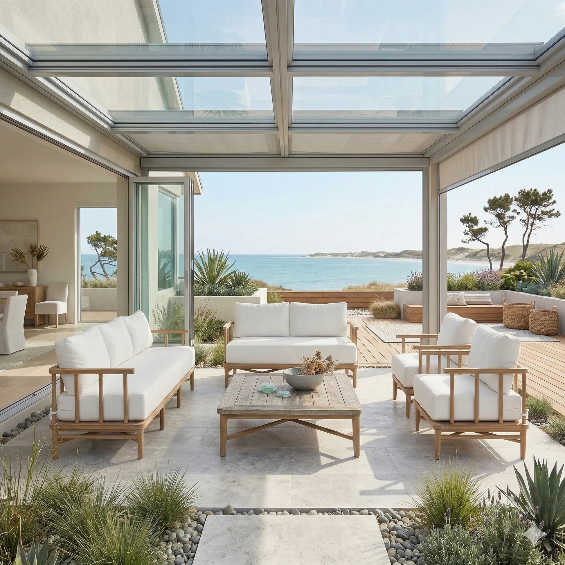 Modern outdoor patio with white furniture and a view of the ocean.