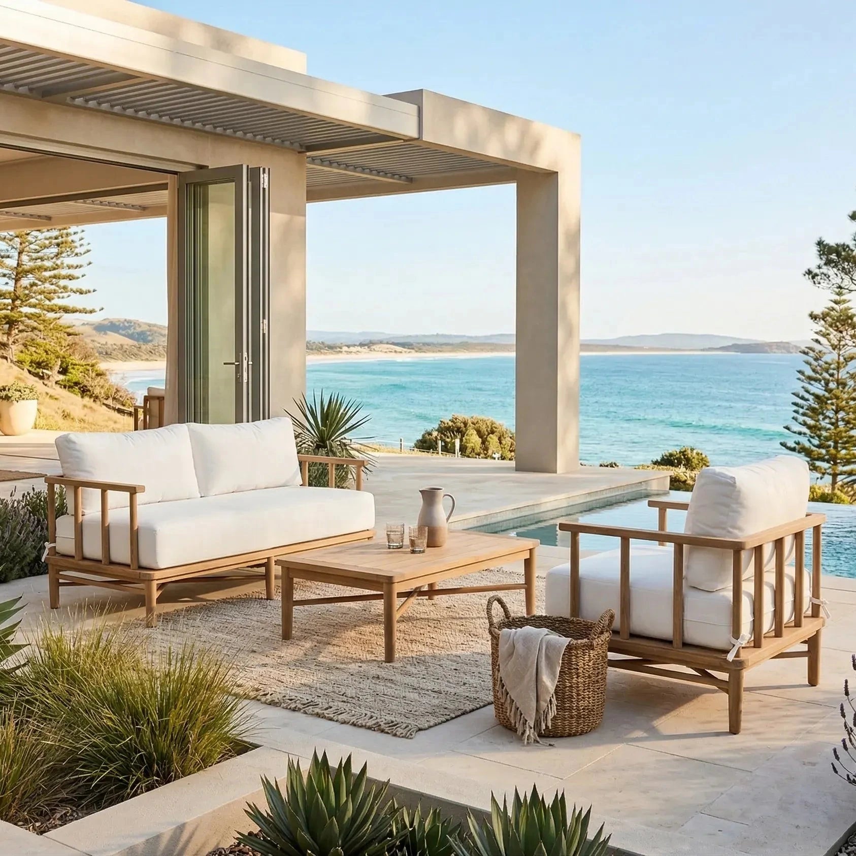 Outdoor patio area with furniture and a view of the ocean.
