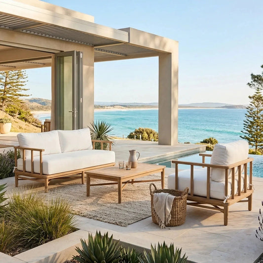 Outdoor patio area with furniture and a view of the ocean.