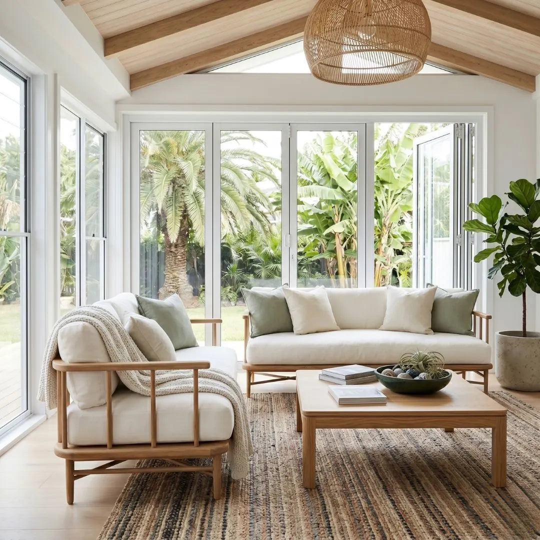 Modern living room with a couch, chair, coffee table, and large windows.