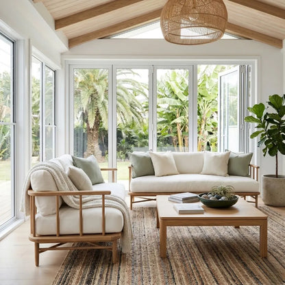 Modern living room with a couch, chair, coffee table, and large windows.