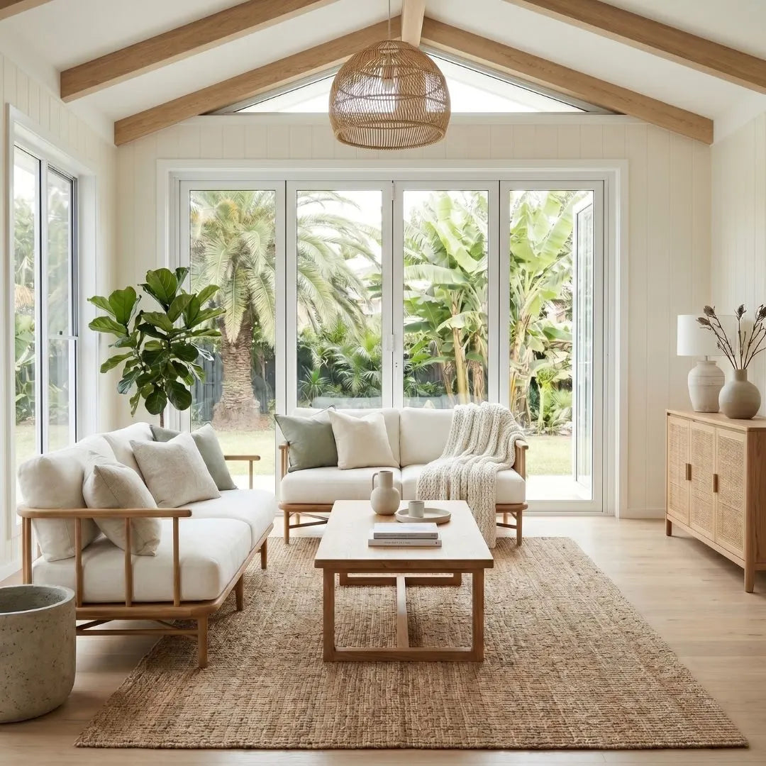 Modern living room with white sofas, a wooden coffee table, and large windows overlooking greenery.