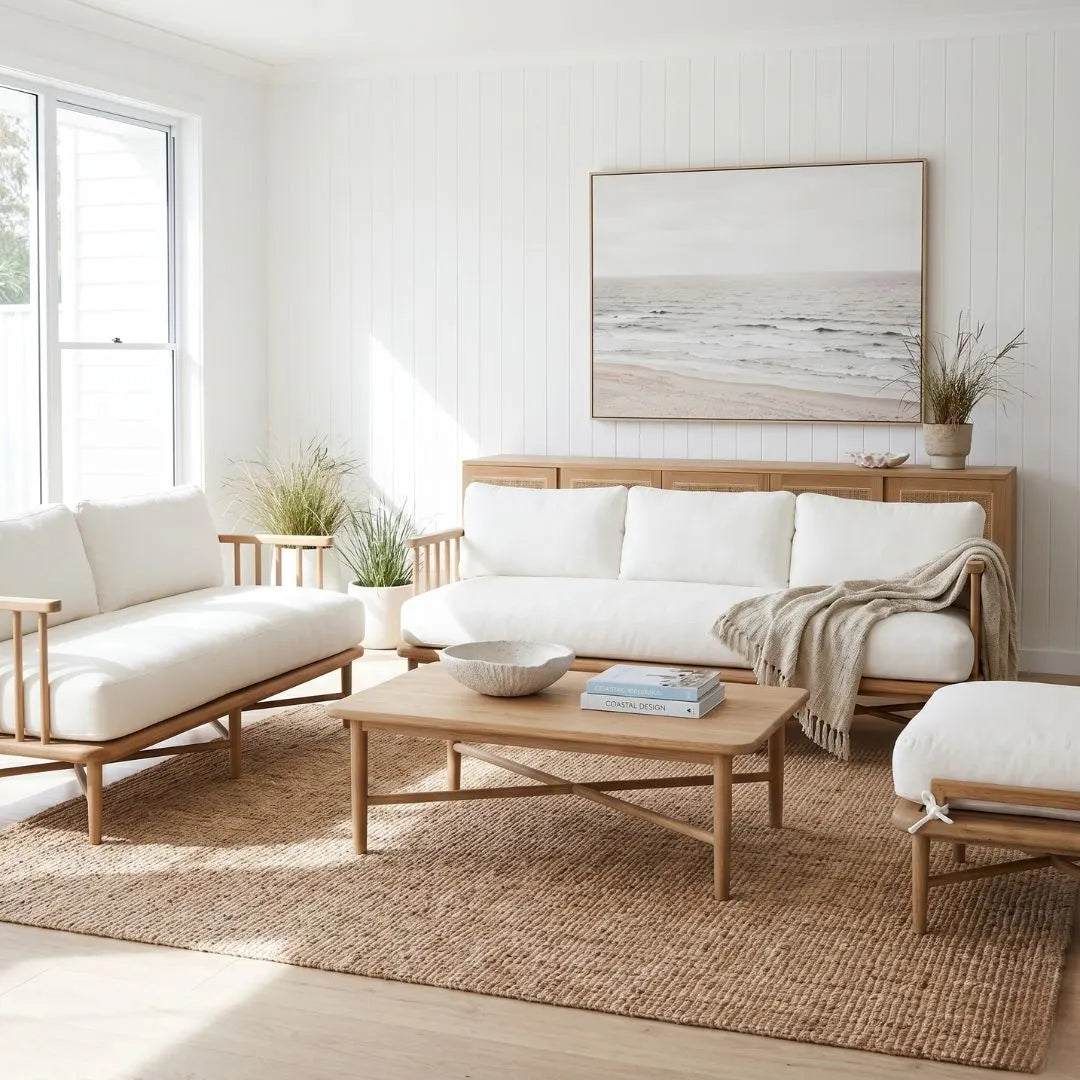 Modern living room with white sofa, wooden coffee table, and abstract painting on wall.