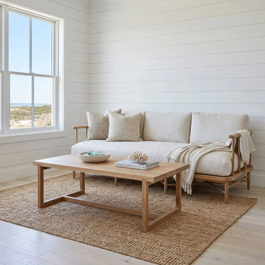 Modern living room with a white sofa, wooden coffee table, and large window.
