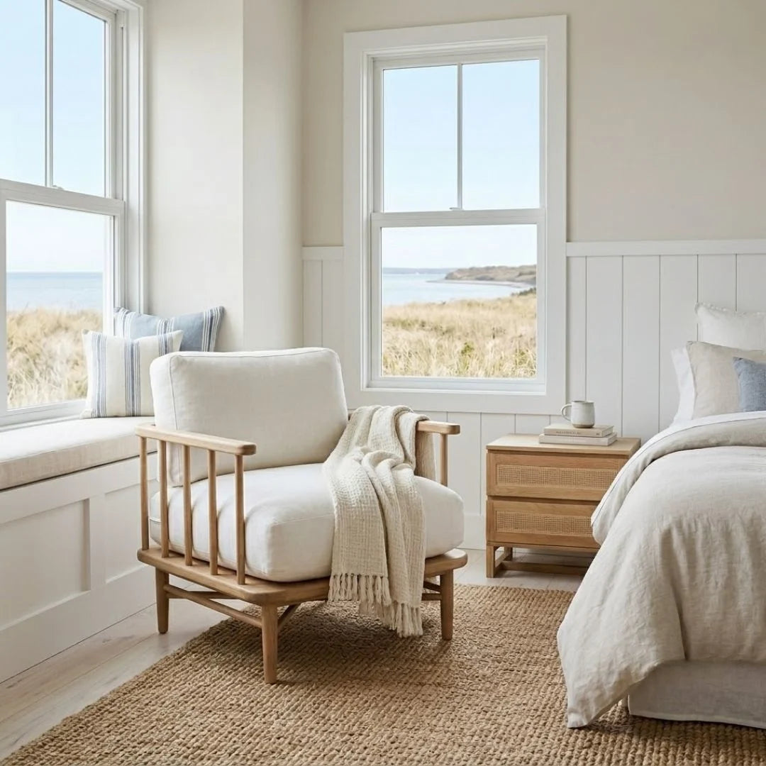 Cozy bedroom with a white armchair, bed, and windows overlooking a scenic view.