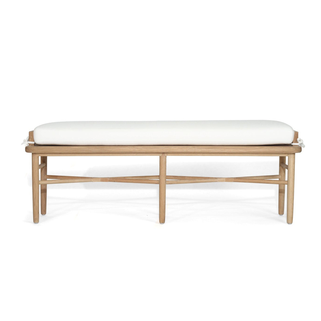 Wooden bench with a white cushion on a white background