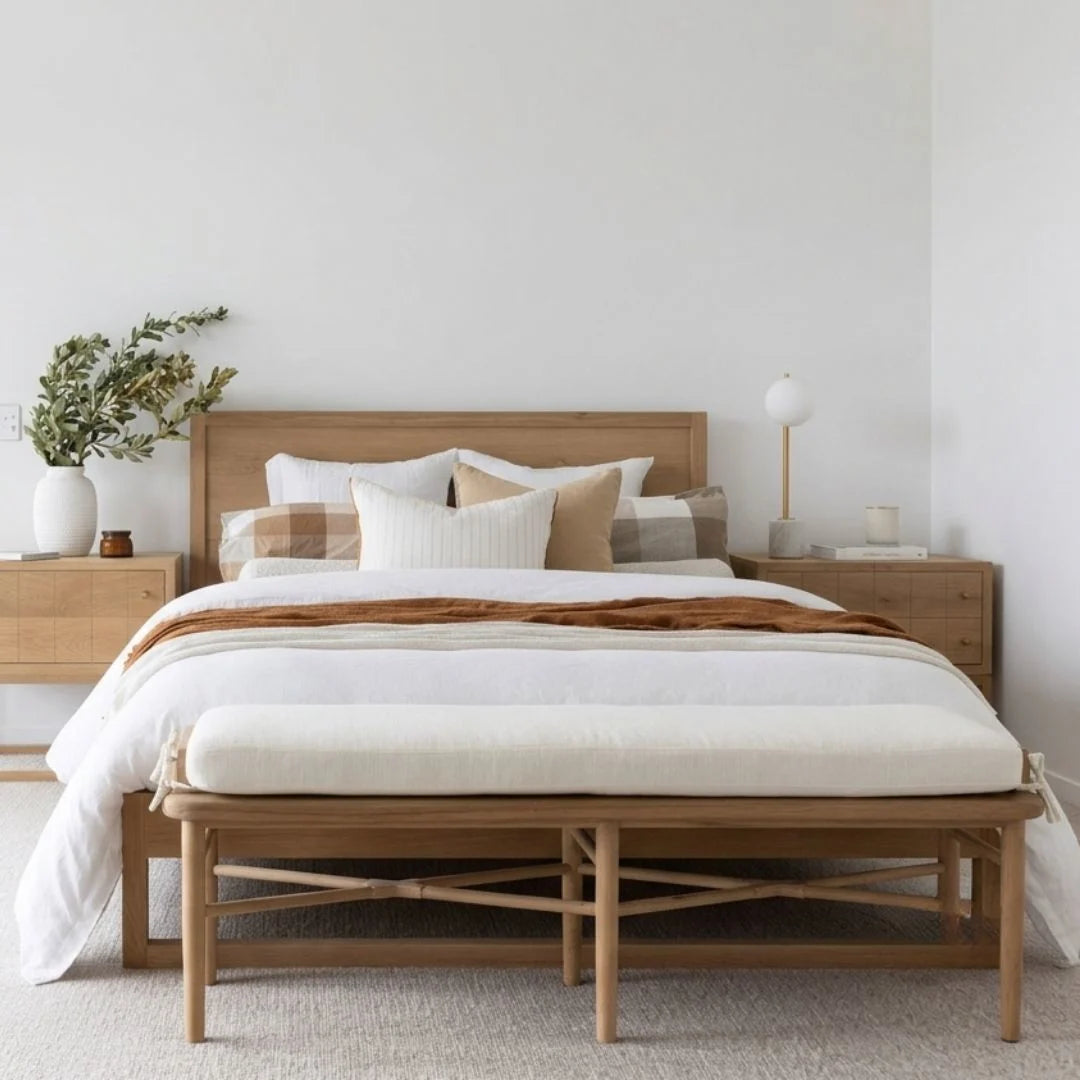 Wooden bed with white bedding in a minimalistic bedroom setting