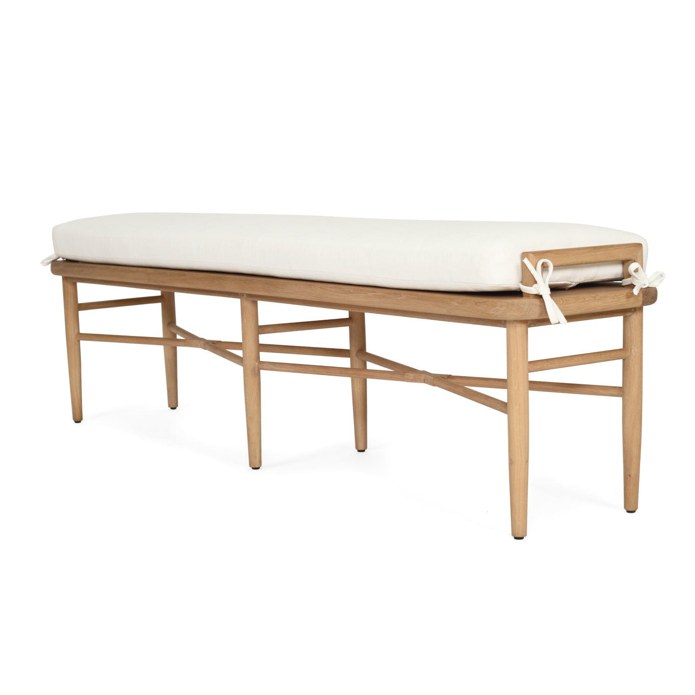 Wooden bench with a white cushion on a white background