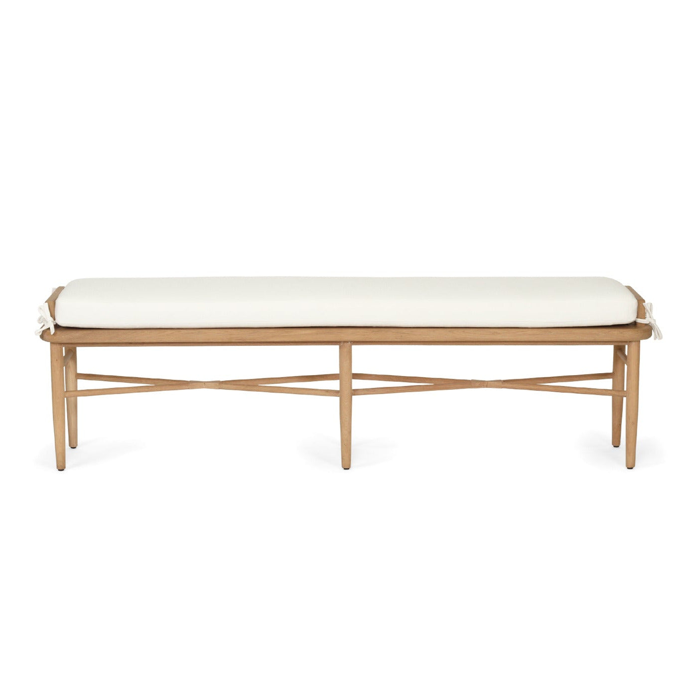 Bench with white cushion and wooden frame on a white background