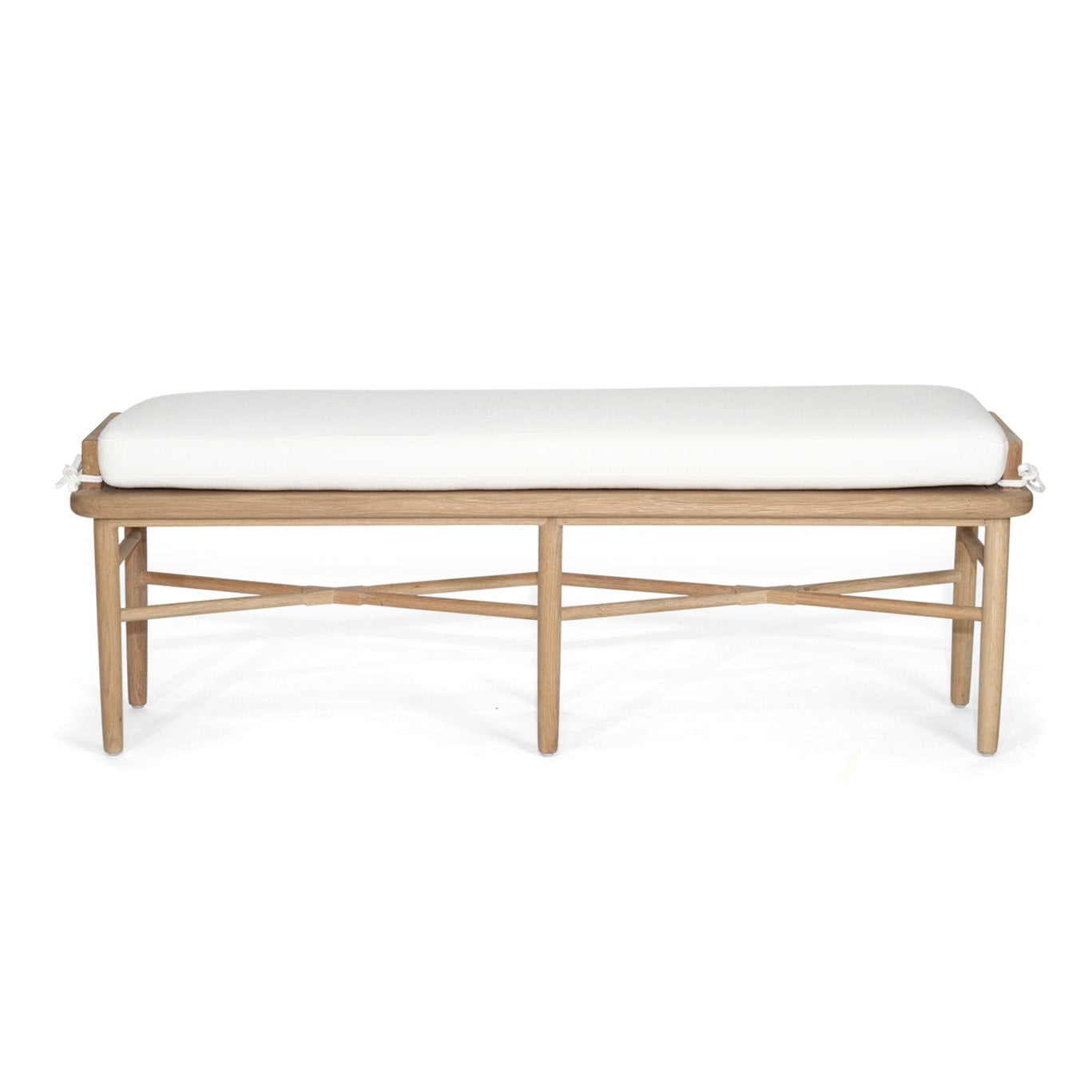 Wooden bench with a white cushion on a white background