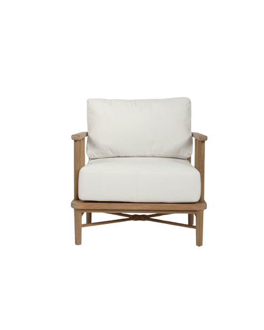 Chair with white cushion and wooden frame on a white background