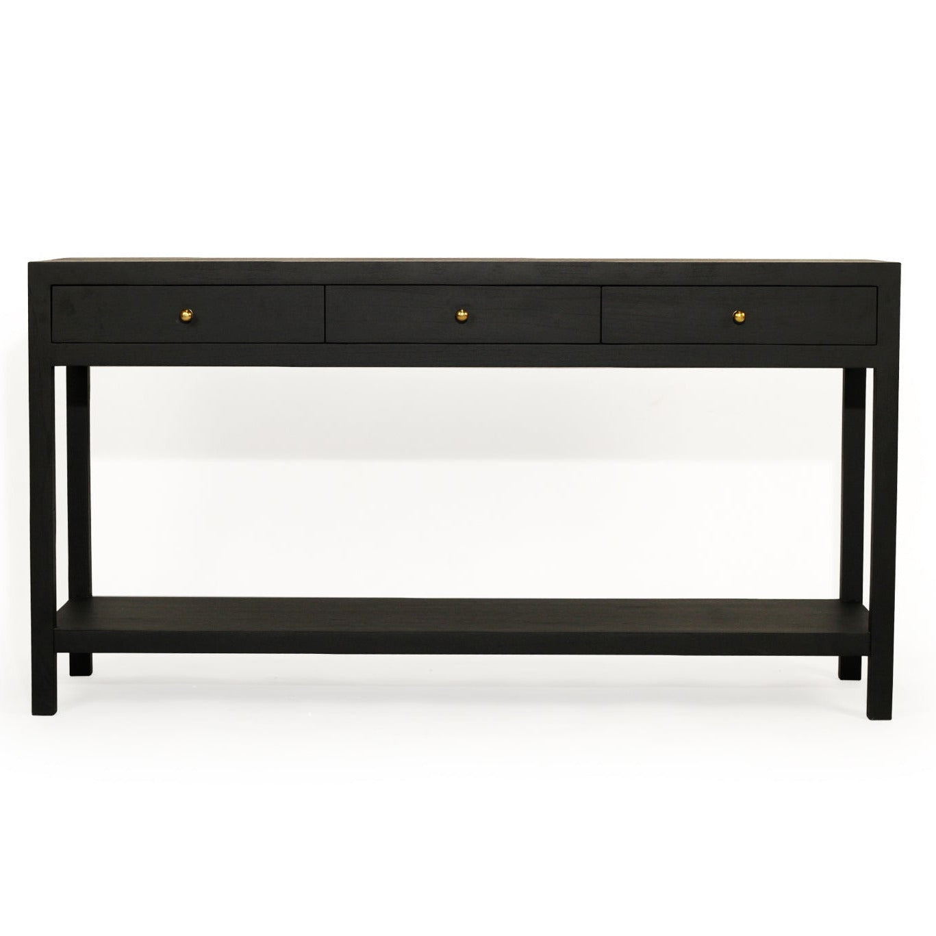 Black console table with gold accents on a white background