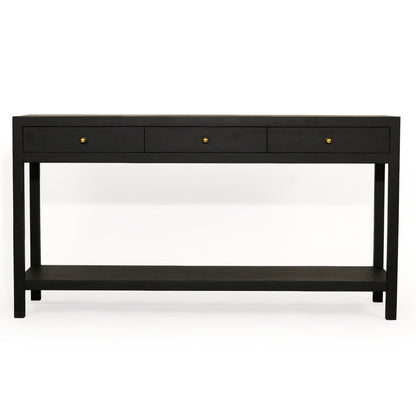 Black console table with gold accents on a white background