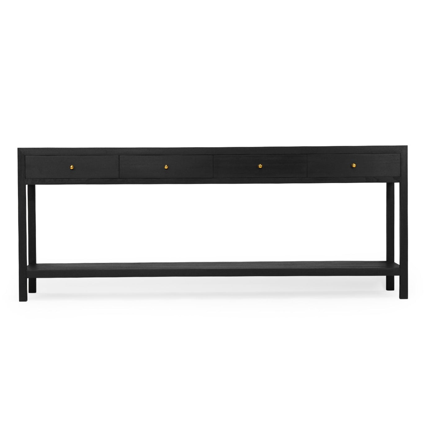 Black console table with gold accents on a white background