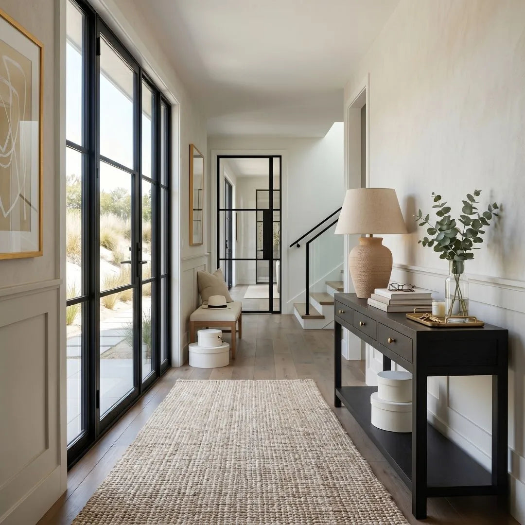 Modern interior hallway with a console table, lamp, and decor items.