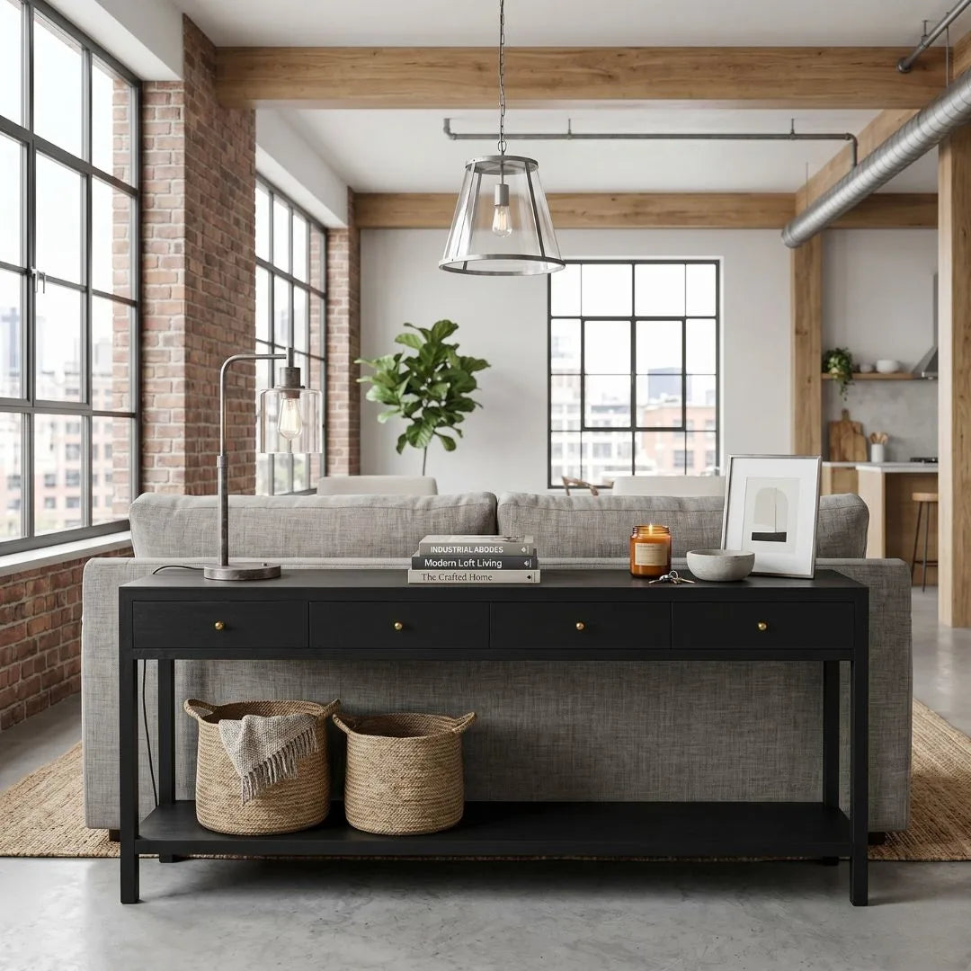 Modern living room with a black console table, gray sofa, and decorative items.