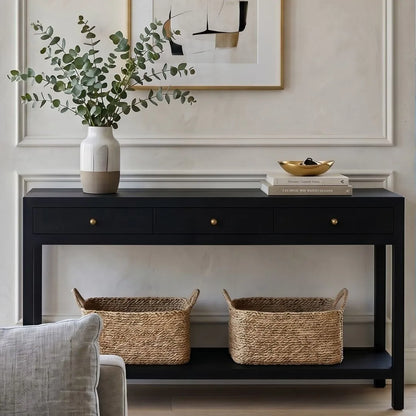 Black console table with decorative items in a living room setting