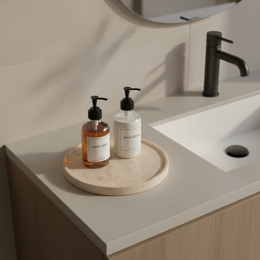 Bathroom counter with two bottles of hand soap on a wooden tray.