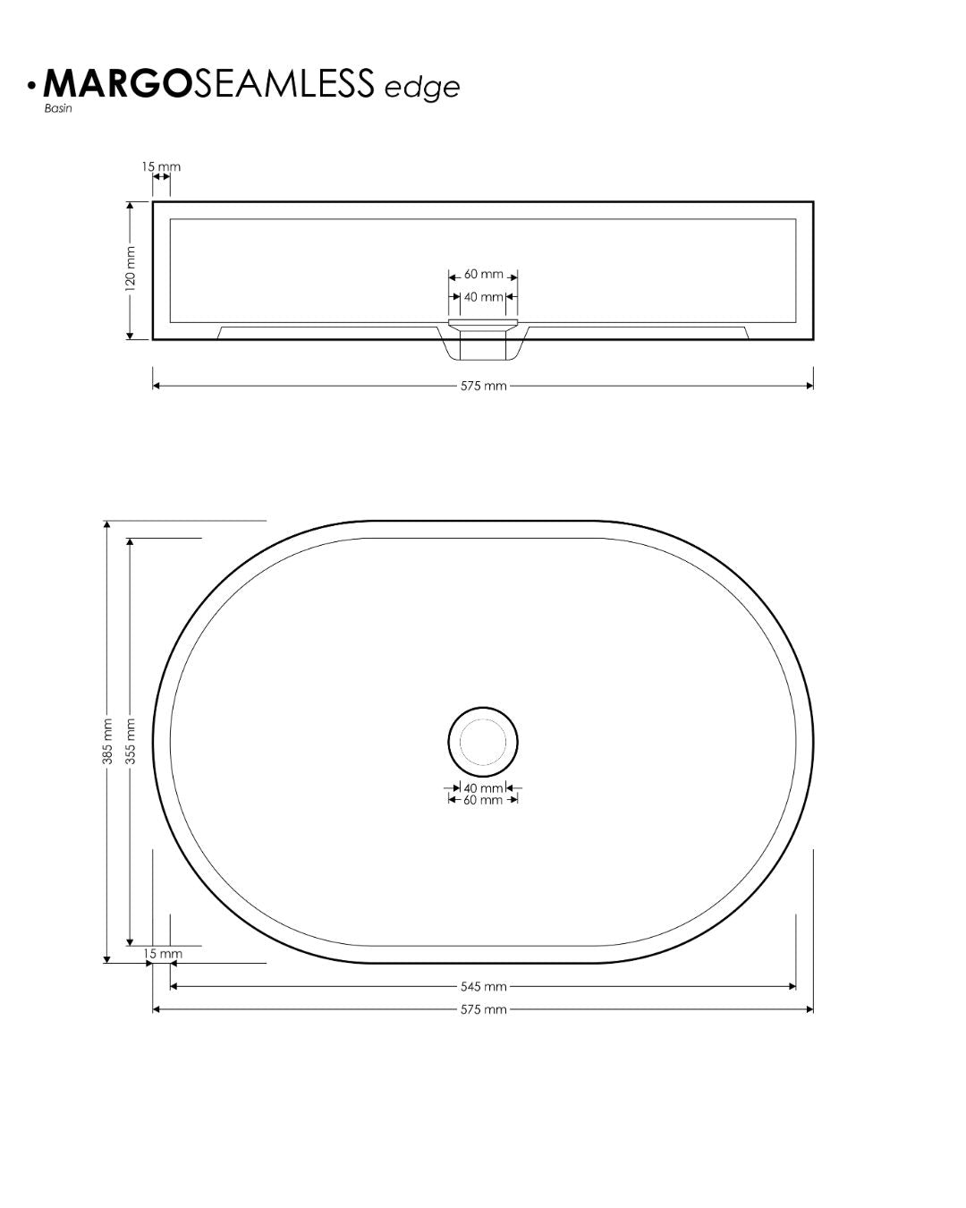 Technical drawing of a sink with dimensions labeled, featuring the brand 'Margo Seamless Edge'.