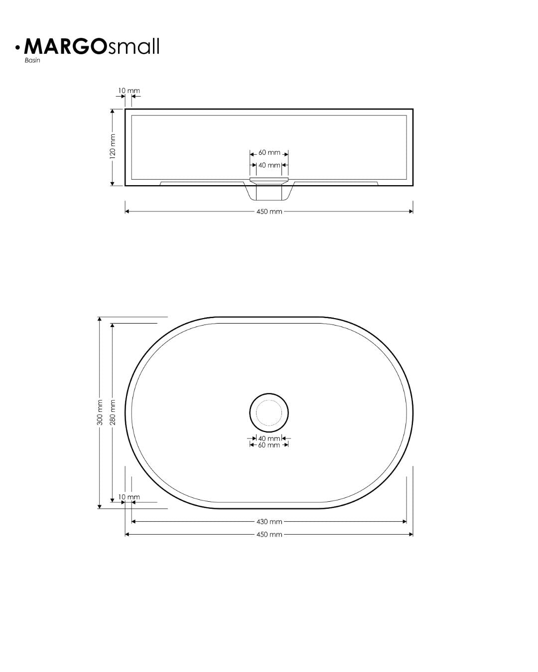 Technical drawing of a sink with dimensions labeled, featuring the brand 'Margo Small'.