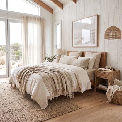 A beautifully styled bedroom featuring a bed dressed in neutral beige and cream bedding, including a textured fringed throw blanket. The room has light wood walls, a wooden headboard, a woven rug, and a wicker basket side table holding a folded blanket.