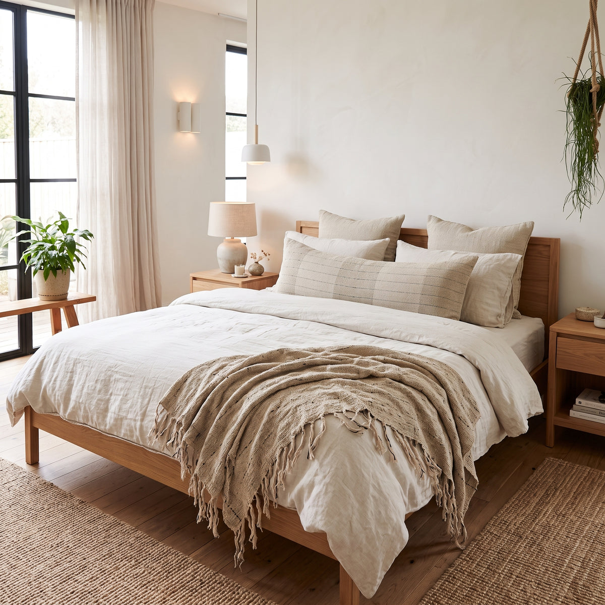 A neatly made bed in a bright, minimalist bedroom featuring a light wood frame, white textured bedding, and a beige fringed throw blanket.