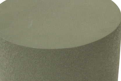 Moss green cylindrical side table on a white background