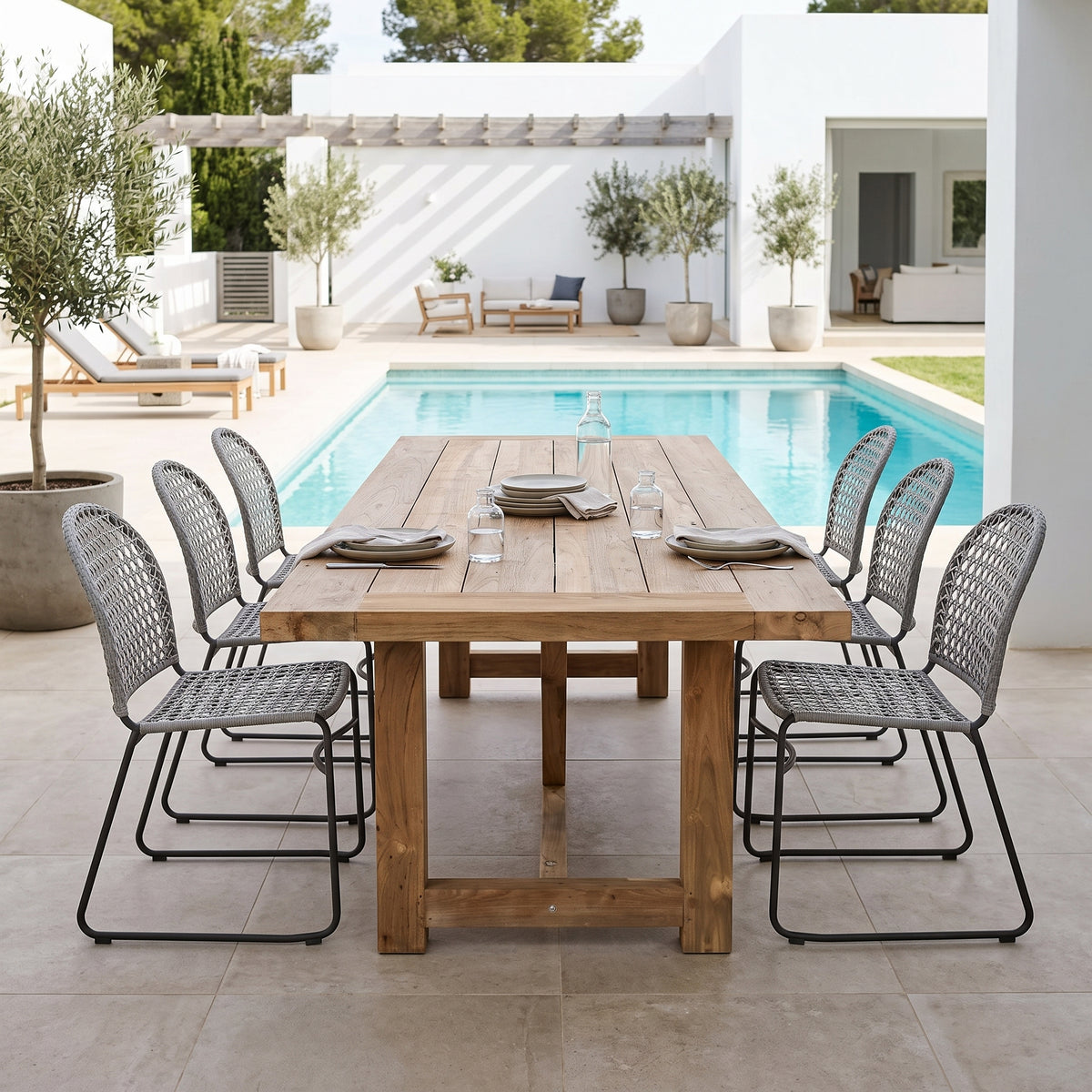 A rectangular outdoor dining table with a natural wood top and eight gray woven mesh chairs with black metal frames, set on a tiled patio next to a swimming pool.