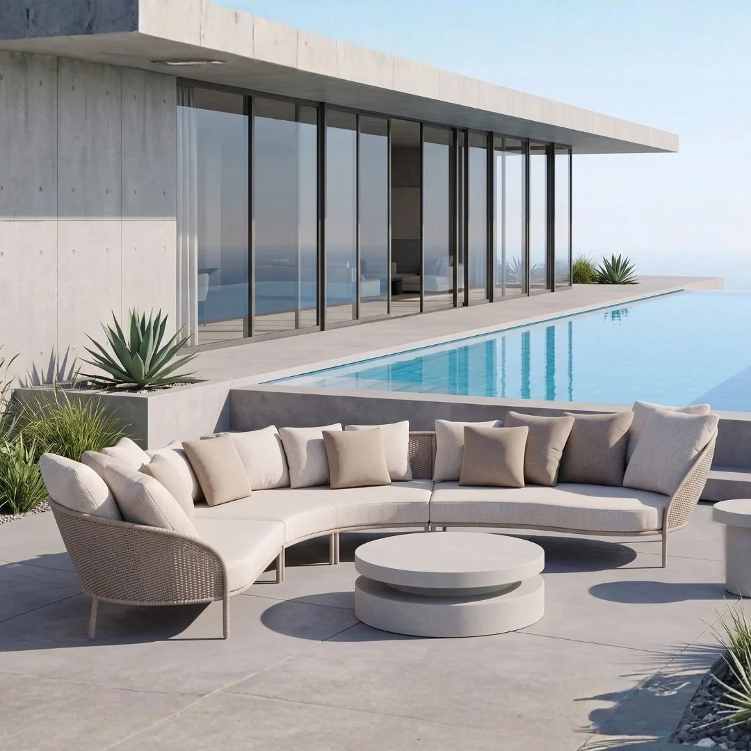 Modern outdoor seating area with a pool and glass walls in the background