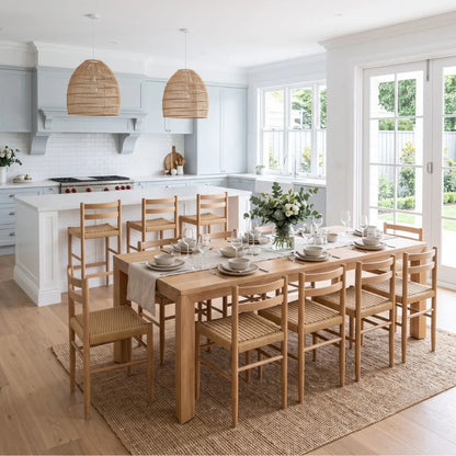 Dining area with wooden table and chairs in a bright kitchen.
