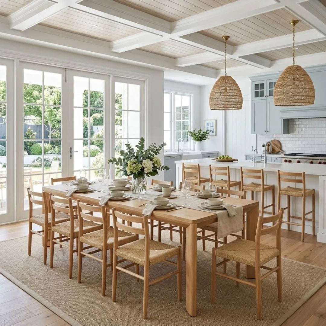 Dining room with wooden table and chairs in a bright kitchen.