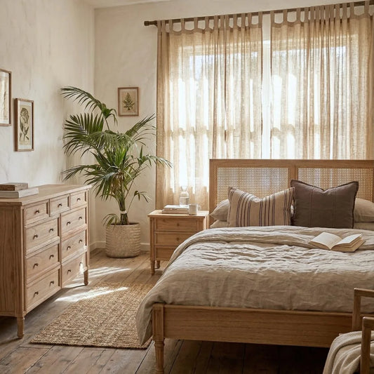 Cozy bedroom with natural organic linen curtains, beige bedding and timber furniture from Sun Republic